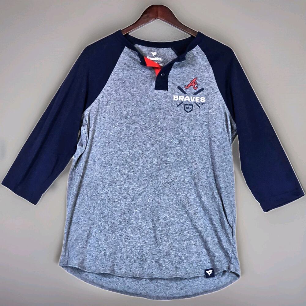 Atlanta Braves Baseball Mens Large Polo Fanatics ATL Grey Navy Shirt Long Sleeve